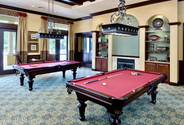 rec room with pool table and ornamental molding