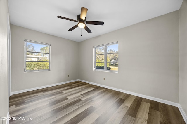 unfurnished room with ceiling fan, a wealth of natural light, and wood-type flooring