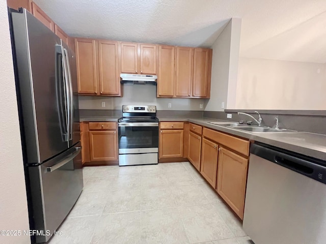 kitchen featuring stainless steel appliances, sink, and a textured ceiling