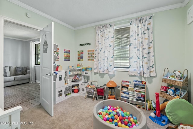 game room with light carpet, crown molding, and a textured ceiling