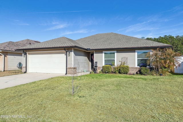 ranch-style home with a garage and a front yard