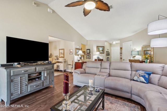 living room featuring ceiling fan, lofted ceiling, and dark hardwood / wood-style flooring