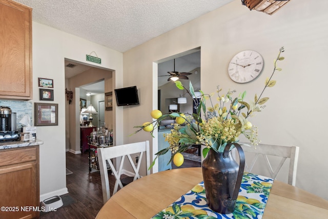 dining room featuring ceiling fan, dark wood-type flooring, and a textured ceiling