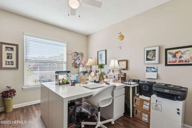 office with dark hardwood / wood-style flooring, ceiling fan, and a textured ceiling