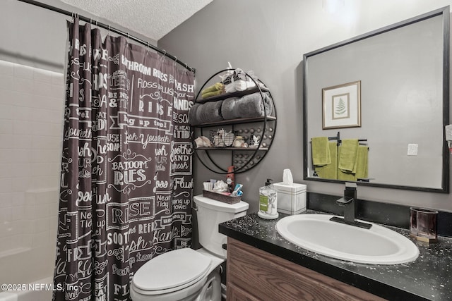 full bathroom with vanity, shower / bathtub combination with curtain, a textured ceiling, and toilet