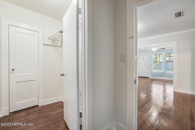 hall with ornamental molding and dark hardwood / wood-style floors