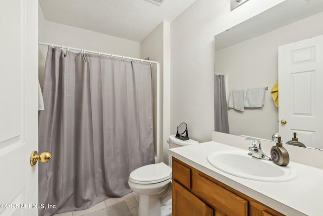 full bathroom with tile patterned flooring, vanity, shower / bath combination with curtain, a textured ceiling, and toilet