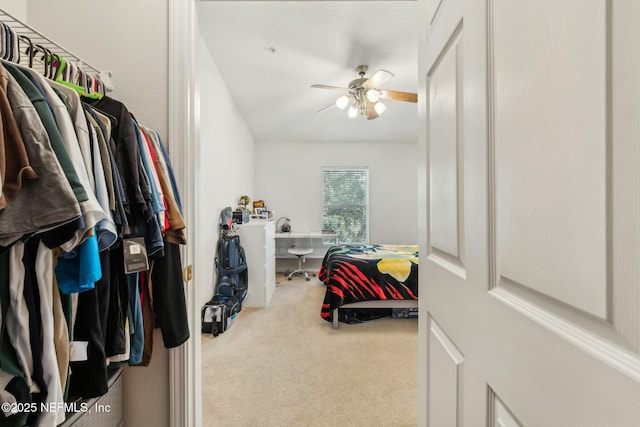 spacious closet with ceiling fan and light carpet