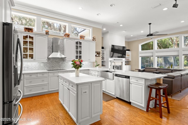 kitchen with wall chimney exhaust hood, sink, a center island, appliances with stainless steel finishes, and kitchen peninsula