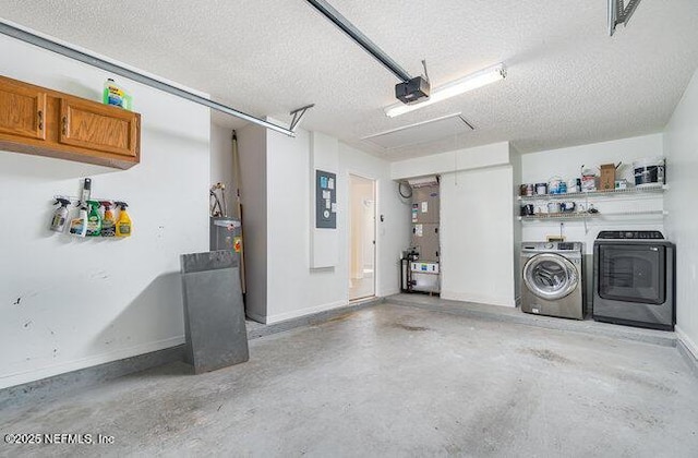 garage with a garage door opener, separate washer and dryer, heating unit, and electric panel