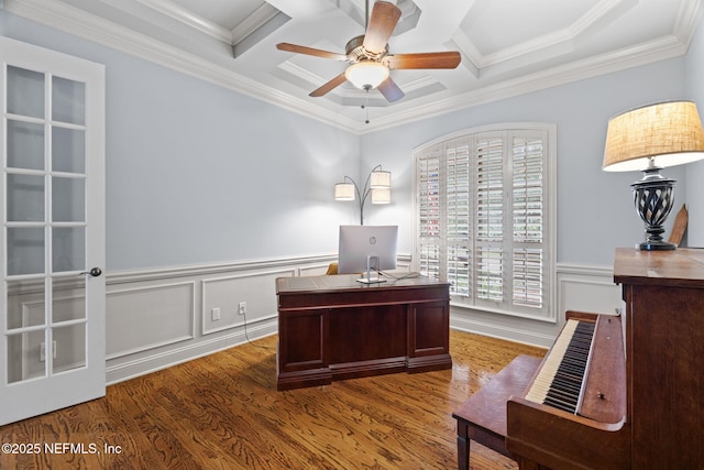 office area featuring coffered ceiling, wood-type flooring, and ceiling fan