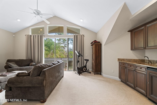 living room with vaulted ceiling, sink, light carpet, and ceiling fan