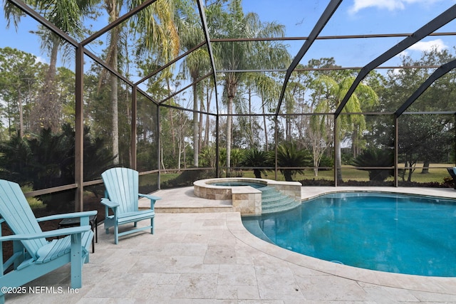 view of swimming pool with an in ground hot tub, a lanai, and a patio