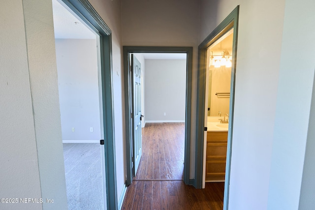 corridor with dark hardwood / wood-style flooring