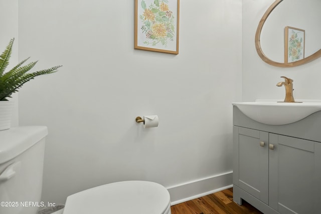 bathroom with vanity, wood-type flooring, and toilet