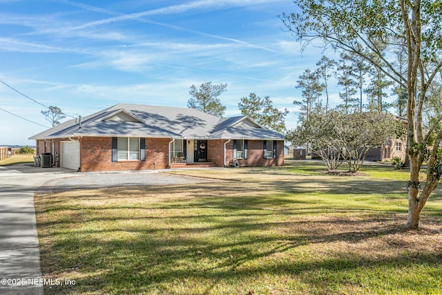 single story home featuring a garage, central AC, and a front yard