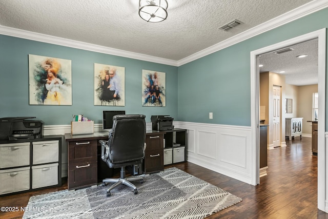 office featuring crown molding, dark hardwood / wood-style floors, and a textured ceiling