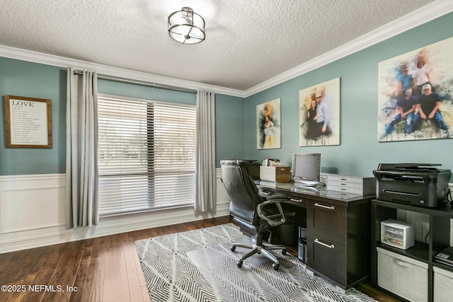 home office featuring hardwood / wood-style floors, crown molding, and a textured ceiling