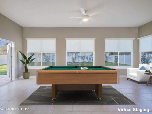 playroom featuring ceiling fan, billiards, plenty of natural light, and light tile patterned floors