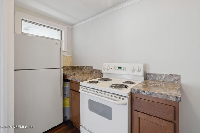 kitchen with crown molding and white appliances