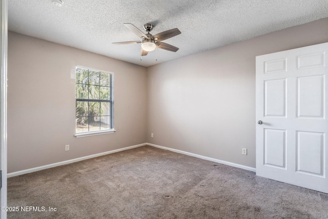 spare room featuring ceiling fan, carpet, and a textured ceiling