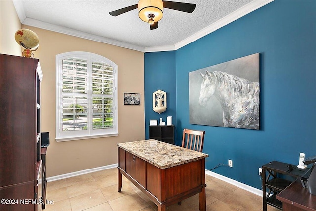 tiled office with ceiling fan, ornamental molding, and a textured ceiling