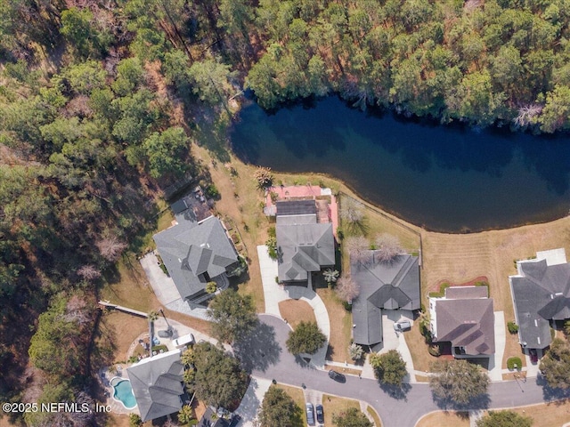 drone / aerial view featuring a water view