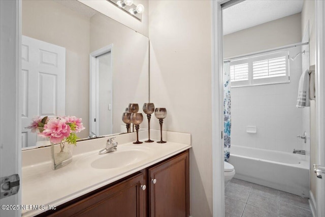 full bathroom with tile patterned flooring, vanity, toilet, and shower / bath combo with shower curtain