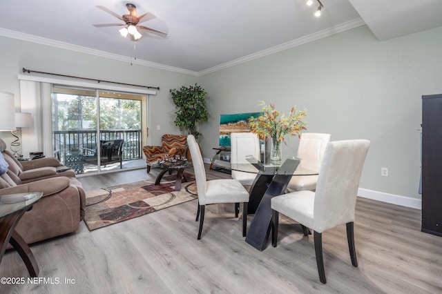 dining room with ornamental molding, ceiling fan, and light wood-type flooring