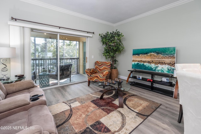 living room with light hardwood / wood-style flooring and ornamental molding