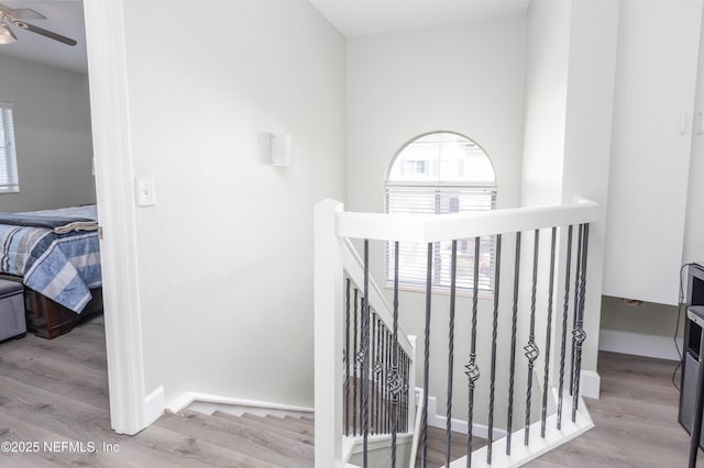 staircase with hardwood / wood-style floors and ceiling fan