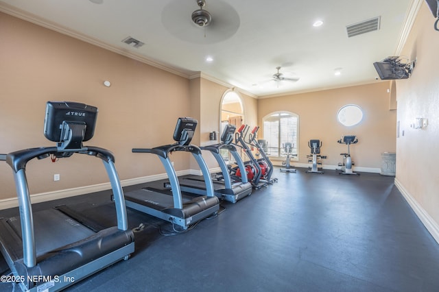 workout area with ceiling fan and ornamental molding