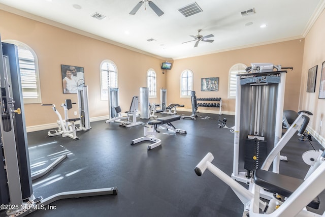 exercise room with crown molding and ceiling fan