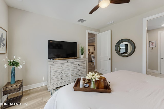 bedroom with ceiling fan and light wood-type flooring