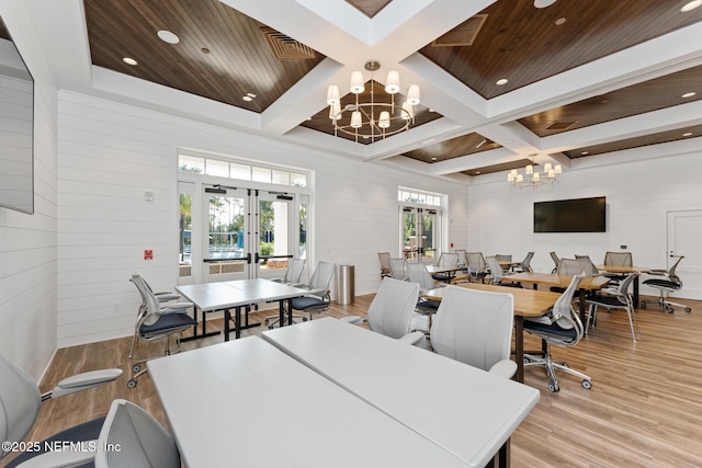 dining area with coffered ceiling, wooden ceiling, an inviting chandelier, and french doors