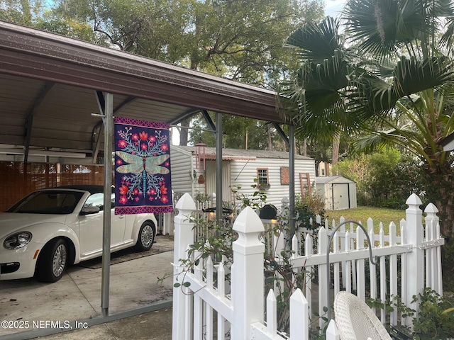 exterior space featuring a storage shed