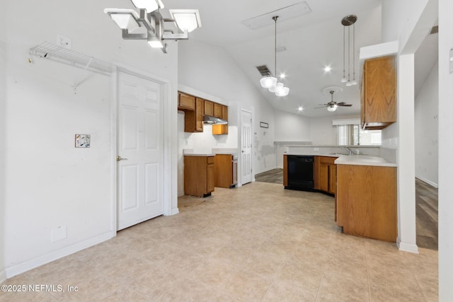 kitchen with ceiling fan, black dishwasher, vaulted ceiling, and hanging light fixtures