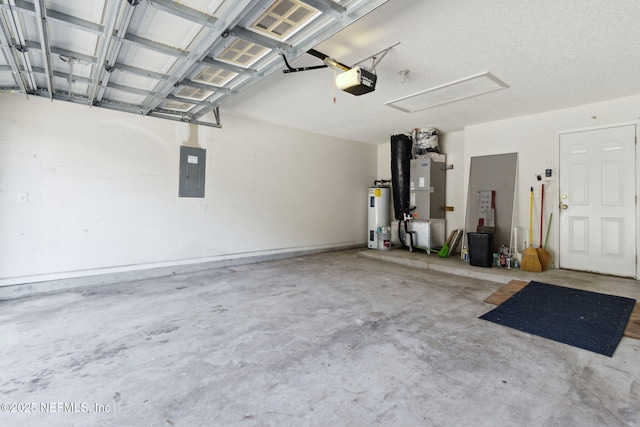 garage featuring water heater, heating unit, a garage door opener, and electric panel