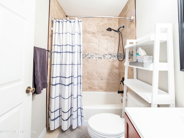 full bathroom featuring vanity, shower / tub combo with curtain, a textured ceiling, and toilet