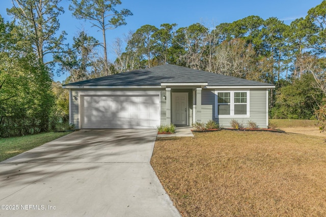 ranch-style house with a garage and a front lawn