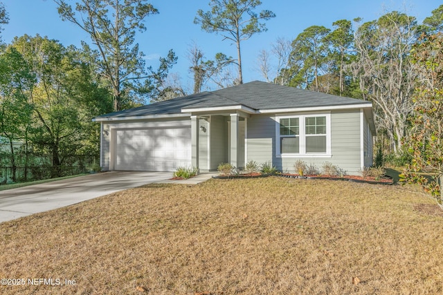 single story home with a garage and a front yard