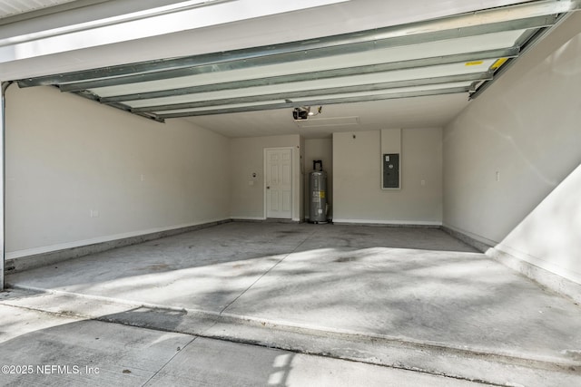 garage featuring water heater, a garage door opener, and electric panel