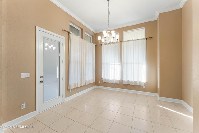 unfurnished dining area featuring ornamental molding, a chandelier, and light tile patterned flooring