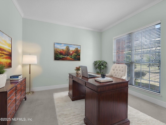 home office featuring crown molding, light carpet, and a textured ceiling