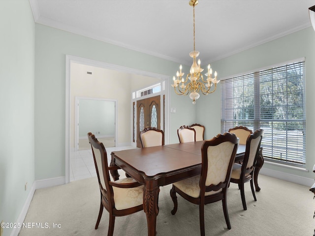 dining area with light carpet, crown molding, and a chandelier