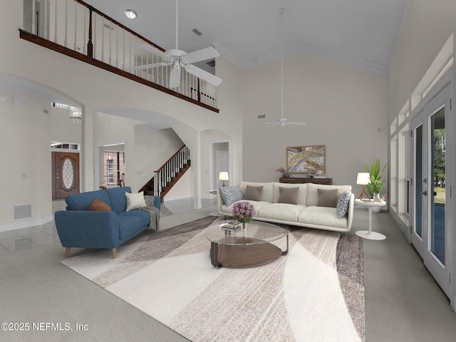 living room featuring high vaulted ceiling, light carpet, and ceiling fan