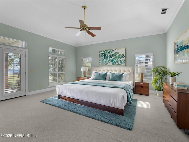 bedroom featuring light carpet, access to outside, ornamental molding, and ceiling fan