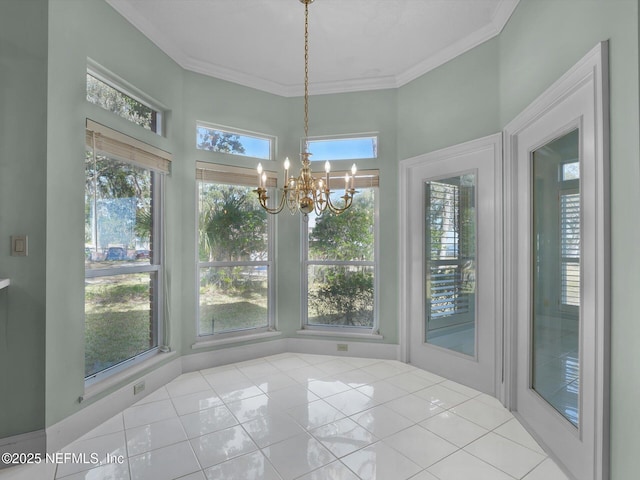 unfurnished sunroom featuring an inviting chandelier and a healthy amount of sunlight