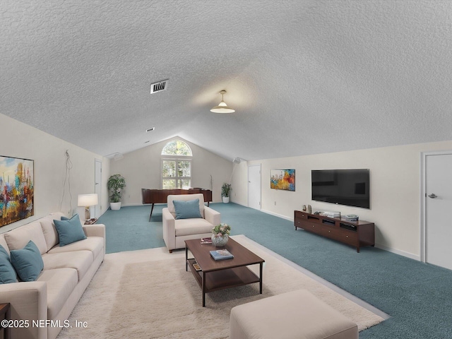 living room with lofted ceiling, light carpet, and a textured ceiling