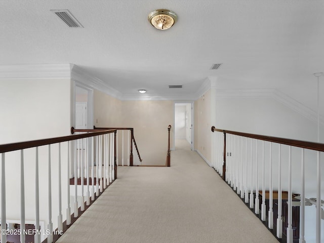 hallway with ornamental molding, light carpet, and a textured ceiling